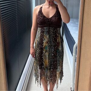 Sue Wong Chocolate Brown and Green Animal Print Halter Dress